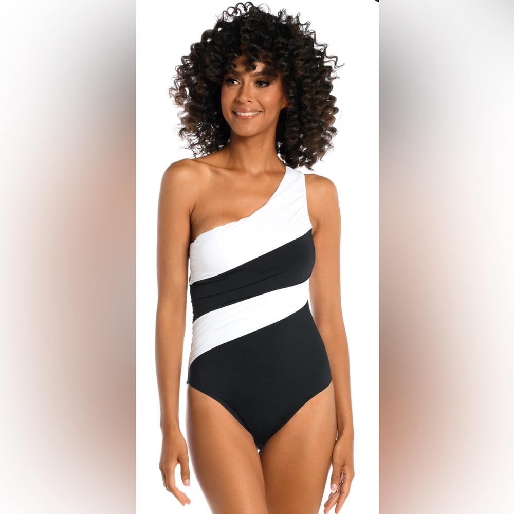LaBlanca One Shoulder Shirred Black and White Swimsuit - Size 14 - Picture 2 of 6